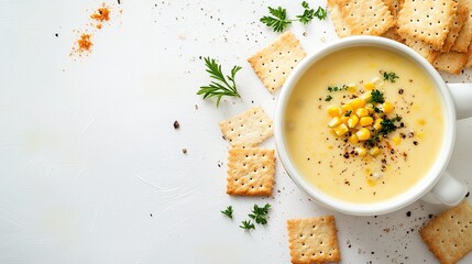 Creamy corn soup in a white bowl, garnished with corn kernels and fresh herbs, served with crackers