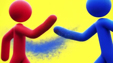 Red and Blue Figures Connecting, Digital Encounter on Yellow.