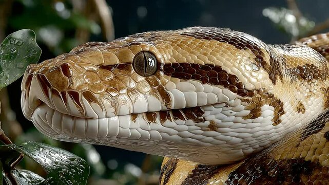 Detailed close-up shot of a Royal Python snake head, highlighting scales and patterns