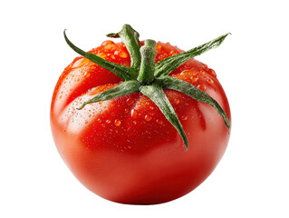 Perfect red tomato for salad or cooking, natural look with stem intact, isolated on a Transparent background, PNG file.
