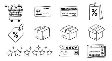 Hand-drawn Shopping Cart Gifts Credit Cards Boxes Discount Tags Stars Online Review E Commerce Icons