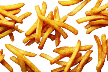 Realistic potato fries in scattered formation, clean isolated on a Transparent background, PNG file. for food design
