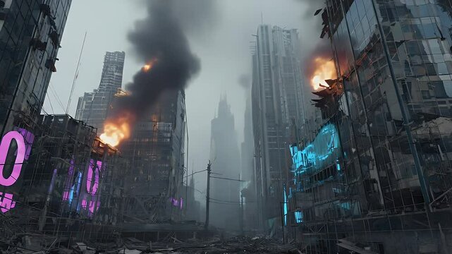 A post-apocalyptic city destroyed by fire, with modern buildings in ruins, reflecting destruction and chaos