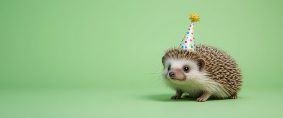 Obraz premium Adorable baby hedgehog wearing festive birthday hat on bright green background with natural studio lighting and minimal composition perfect for copy space