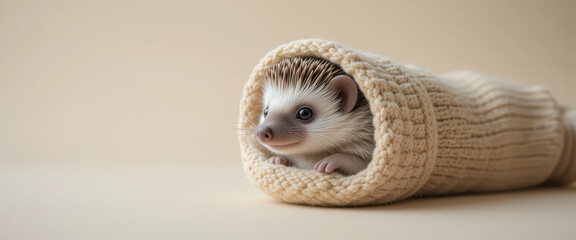 Obraz premium Cute baby hedgehog peeking out from inside cozy beige knitted sweater on soft background in natural studio lighting with minimal composition and copy space