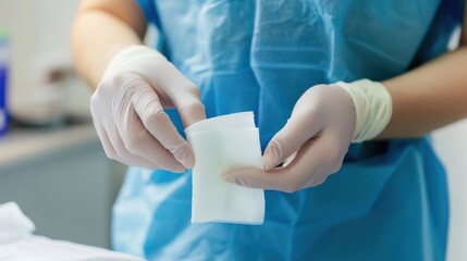 A detailed view of a healthcare professional applying a sterile bandage to a wound in a clean clinic setting, macro shot, Minimalist style