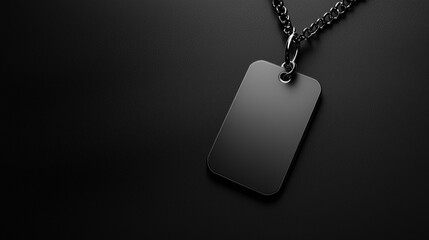 Fototapeta premium Black Metal Necklace With a Blank Rectangular Pendant on a Dark Surface