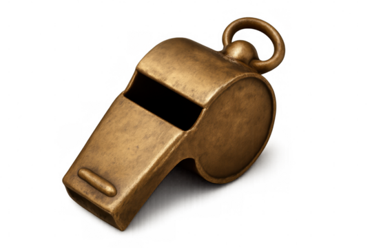 Metal brass whistle resting against clean white backdrop, signaling athletic coaching, refereeing, emergency communication - Powered by Adobe