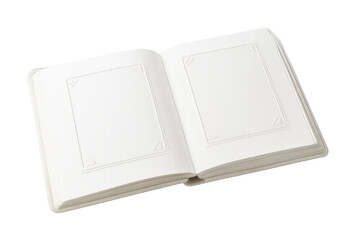 Photo album with blank embossed frames, displaying empty pages ready for inserting treasured photographs, positioned against transparent background