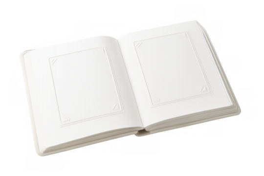 Photo album with blank embossed frames, displaying empty pages ready for inserting treasured photographs, positioned against transparent background