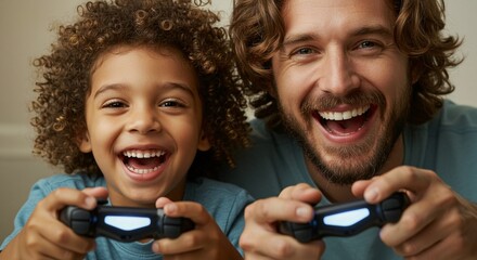 Father and son share a joyful moment together while playing video games, smiling at the same time.