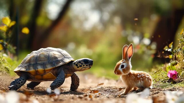 captivating depiction of a classic race showcasing a determined turtle facing off against a speedy hare amidst a vibrant natural backdrop