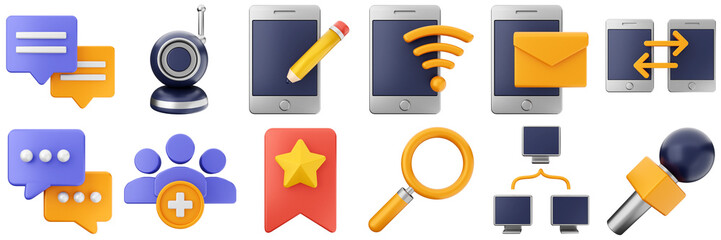 3d media communication business smartphone message chat icon set bundle illustration