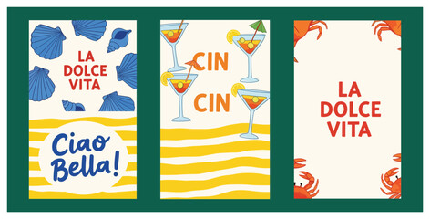 Colorful Italian holiday card vector pack, La Dolce Vita Ciao Bella and Cin Cin cocktail designs with blue coral shapes and yellow wave stripes. Retro vacation greeting templates