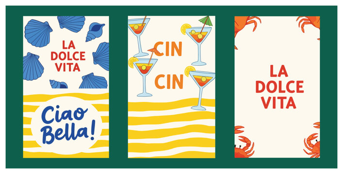 Colorful Italian holiday card vector pack, La Dolce Vita Ciao Bella and Cin Cin cocktail designs with blue coral shapes and yellow wave stripes. Retro vacation greeting templates