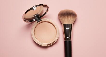 Compact makeup with an open mirror and a makeup brush on a pink background, ideal for beauty shots.
