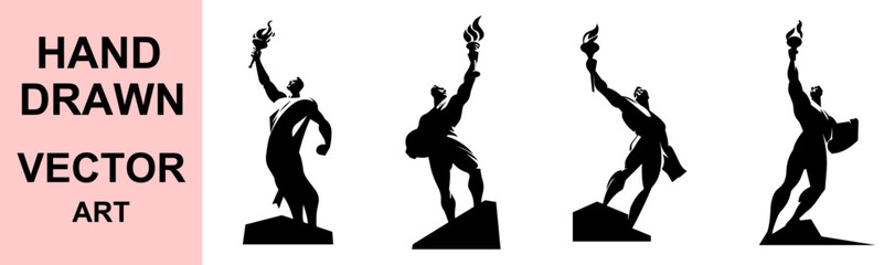 Silhouette Vector Art of Heroic Muscular Men Holding Torch Standing on Pedestal in Bold Hand Drawn Powerful Style