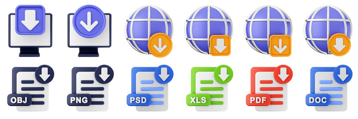 3d download data file document information online internet down arrow icon set bundle illuatration