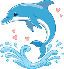 Fototapeta premium A cute blue dolphin jumping out of the water, forming a heart shape together with a splash of water. The style is simple, flat, and sketchy, using soft blue tones. White background Children's book 