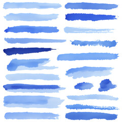 Blue watercolor brush strokes collection for design elements and backgrounds, vector illustration set on transparent background