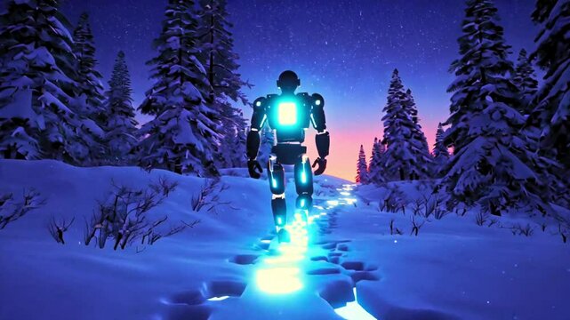 4K Video of Robotic Explorer in Snowy Forest: A solitary robot strides purposefully through a snow-covered forest under a starlit sky, emitting a soft, ethereal glow.