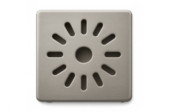 Metal square shower drain with linear slots, central drainage opening, reflecting clean design against transparent backdrop