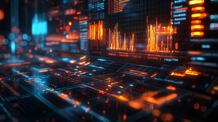 Futuristic Data Visualization with Neon Bars and Lines in Abstract Design