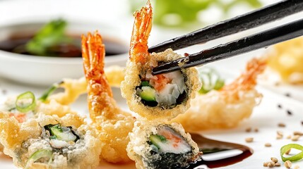 Crispy tempura shrimp sushi roll with dipping sauce
