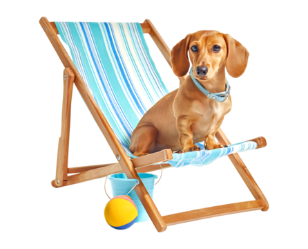 A happy dachshund puppy sitting on a striped beach chair with a bucket and ball, isolated on a transparent background.
