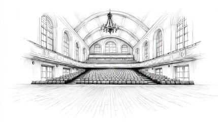 Obraz premium Grand hall interior sketch, detailed architectural drawing