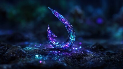 Glowing, stylized hook on dark rocky surface