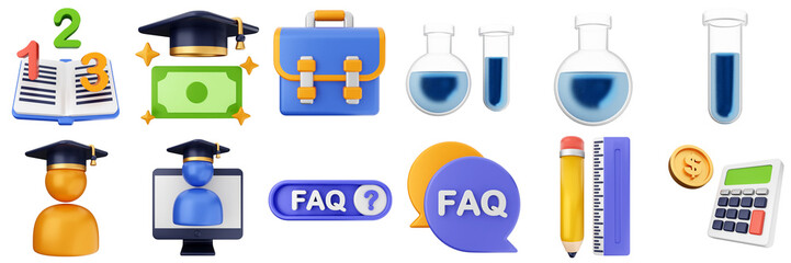 3d education study learning student science back to school icon set bundle illustration