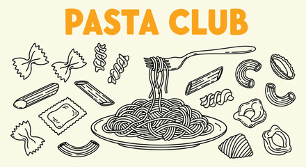 Minimalist hand drawn pasta vector set. Different Mediterranean spaghetti types. Pasta Club Italian pasta illustration, black line spaghetti plate surrounded by penne fusilli farfalle ravioli shells