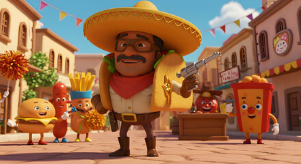 Animated cartoon character of a mexican with food and gun in a town