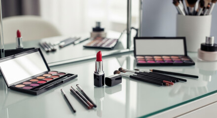 Makeup products on vanity table for beauty blog or makeup tutorial one hundred characters long