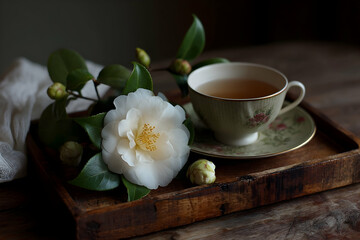 Delicate white camellia and teacup on a wooden tray.