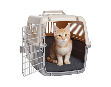 A kitten cat inside an open plastic travel carrier isolated on a transparent background.