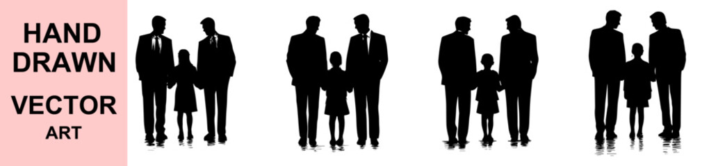 Hand Drawn Vector Illustration of Two Fathers with Daughter Silhouette Walking Together in Family Concept for Parenthood Diversity Support and Unity