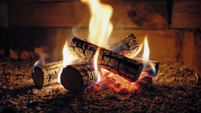 Cozy fireplace with burning logs, creating warmth and ambiance. The flames dance and flicker, producing an inviting glow