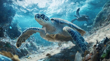Fototapeta premium A beach covered in plastic waste, sea turtles struggling to move, representing the impact of human negligence 