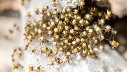Tiny spiderlings clustered together