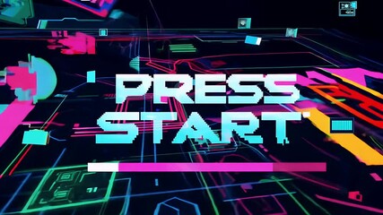 Seamless loop animation 4K retrostyle video game text Press Start holographic glitch interference evoking vintage arcade aesthetic streaming connexion electronic dirty device entertainment interface - Powered by Adobe