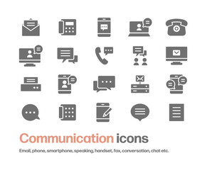 コミュニケーション関連のシルエットアイコンセット。メール,電話,オンラインミーティング,吹き出し,スマートフォン,固定電話,サーバー,パソコン,メッセージ等のシンプルなイラスト