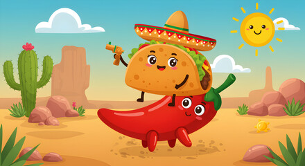 Naklejka premium Cute Cartoon Taco with Sombrero Riding a Chili in Desert Landscape