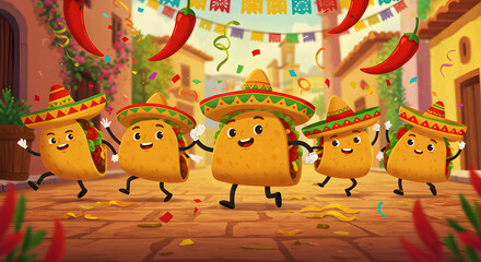 Cute Cartoon Tacos Dancing on a Street Celebrating Mexican Culture and Festivities
