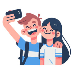 Smiling Couple Taking Selfie Cartoon Illustration on White Background