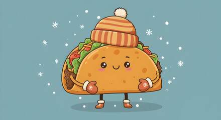 Cute Winter Taco Cartoon with Hat and Mittens, Snowy Background, Food Illustration