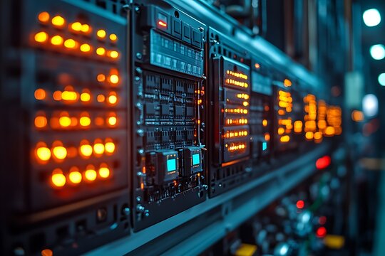 Data center servers with blinking lights emitting information technology signals and connections - Powered by Adobe