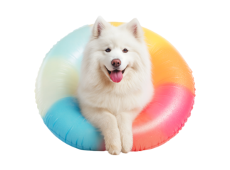Happy Samoyed dog sitting with a colorful inflatable ring isolated on a transparent background.