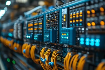 Server room network infrastructure featuring interconnected servers and fiber optic cables in use.